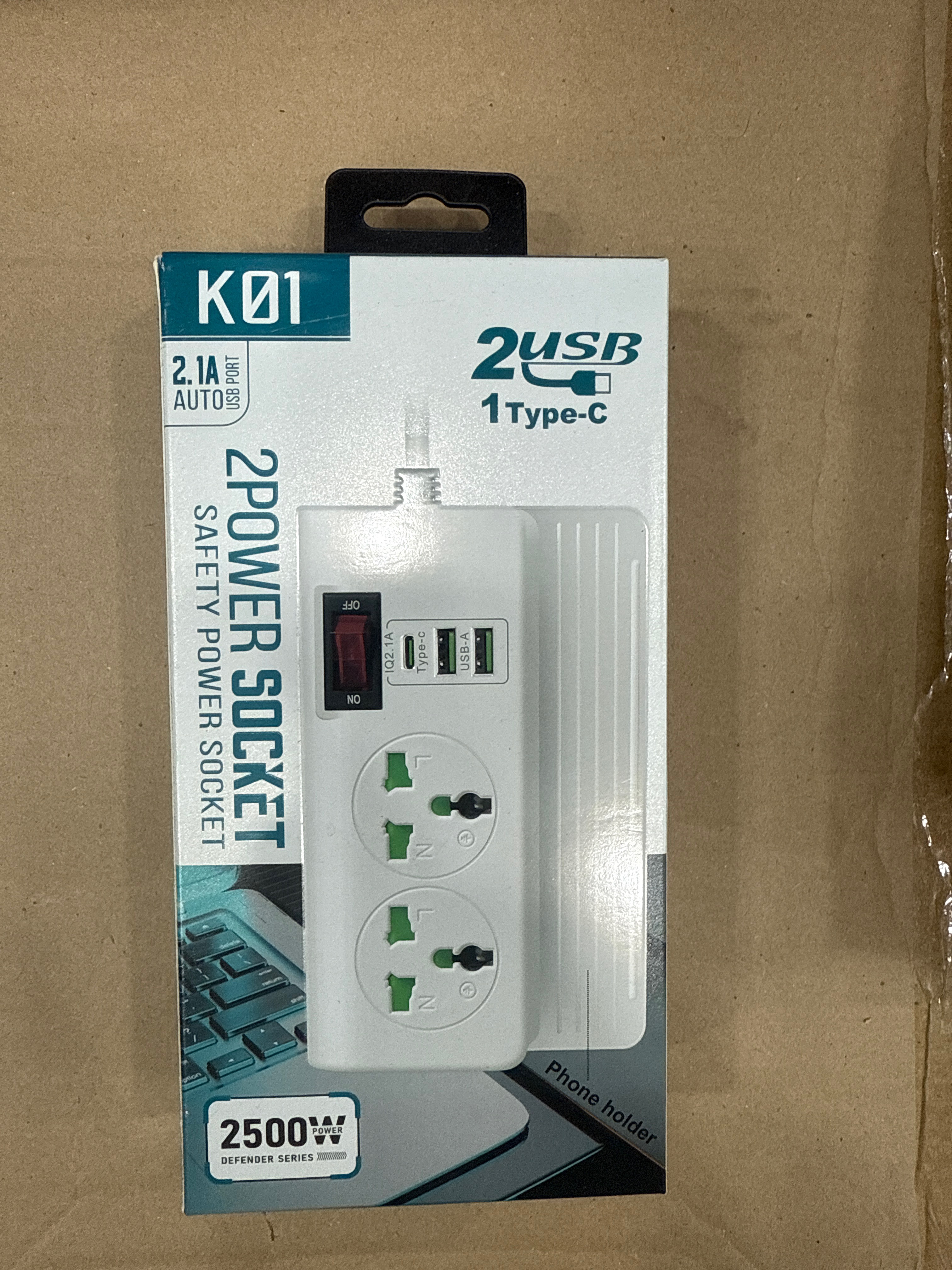 Удлинитель с кнопкой с двумя гнезд и разъемом для USB-кабеля 2м (60шт)